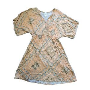 Honeyme NWOT M Women’s Orange Floral Wrap Front Half Sleeve Elastic Waist Dress